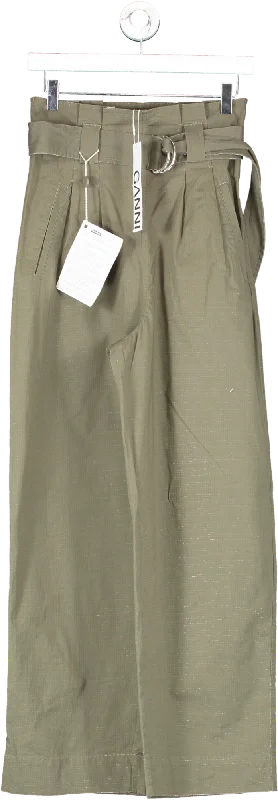 Ganni khaki Green Belted Cotton-Blend Wide-Leg Pants  UK 8