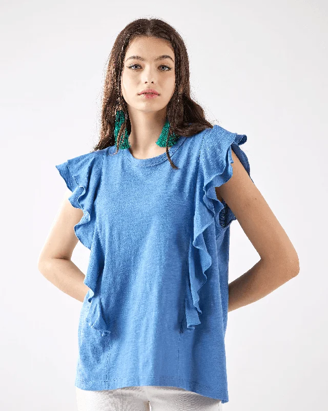 Cotton Slub Double Ruffle Sleeve Tee - Denim