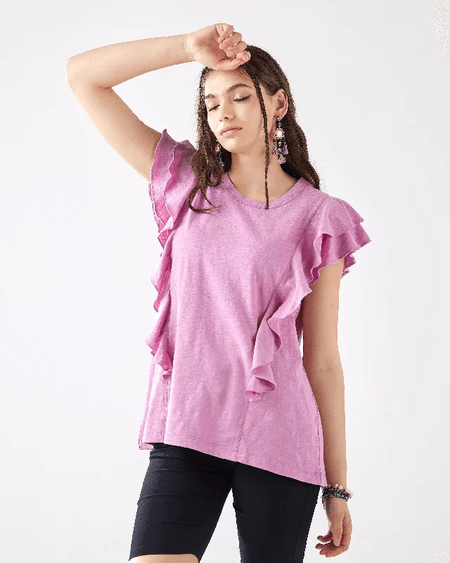 Cotton Slub Double Ruffle Sleeve Tee - Lilac