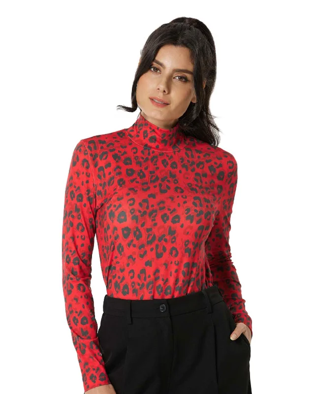 Long Sleeve Turtleneck Top - Red Leopard