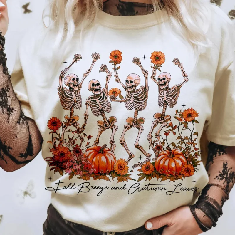 Online Exclusive | Fall Breeze & Autumn Leaves Dancing Skeletons Graphic Tee in Cream