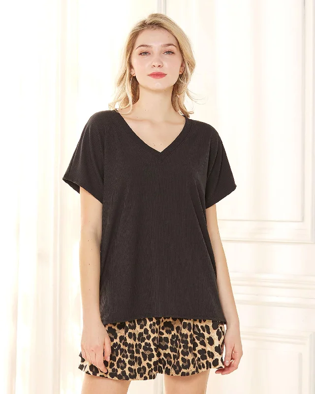 V-Neck Short Sleeve Ribbed Knit Top - Black