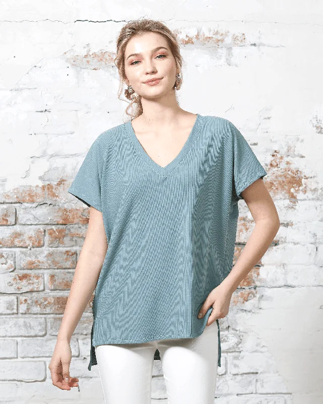 V-Neck Short Sleeve Ribbed Knit Top - Blue Sage