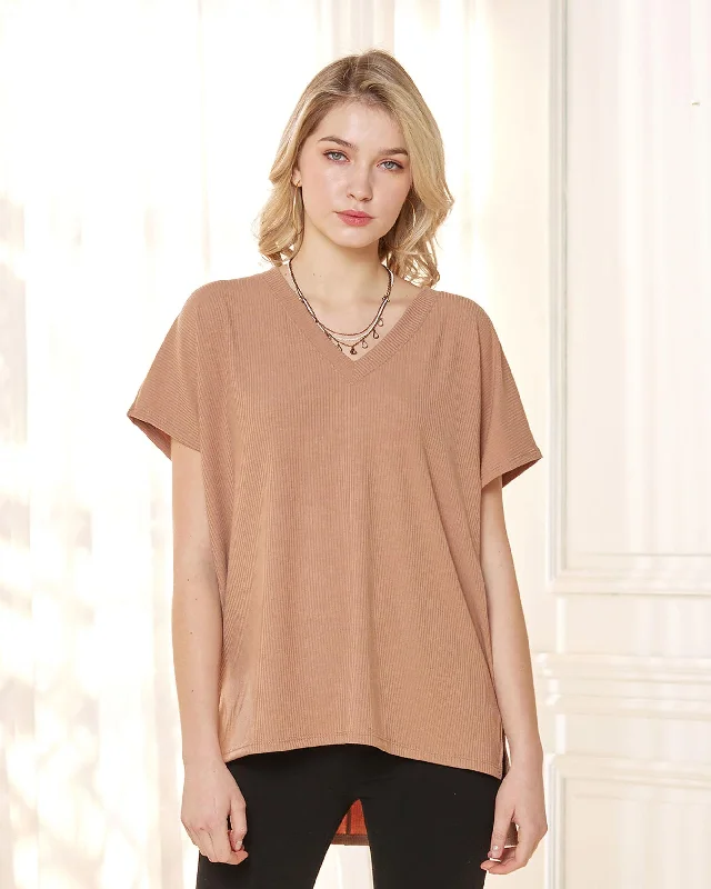 V-Neck Short Sleeve Ribbed Knit Top - Camel