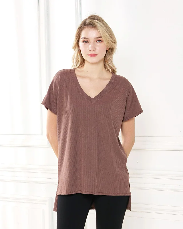 V-Neck Short Sleeve Ribbed Knit Top - Coco