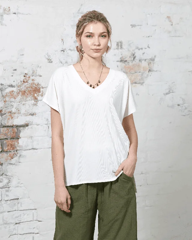 V-Neck Short Sleeve Ribbed Knit Top - Off White