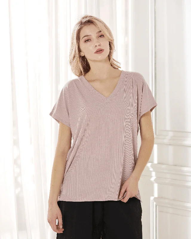 V-Neck Short Sleeve Ribbed Knit Top - Taupe