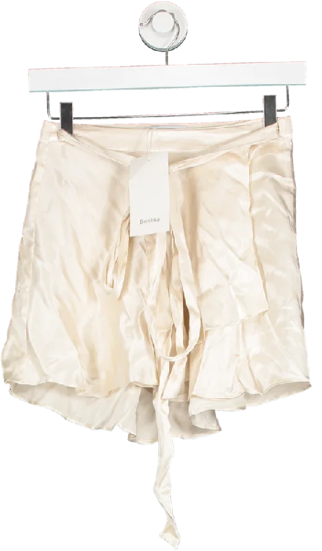 Bershka Nude Satin Mini Wrap Skirt In Ecru UK XS