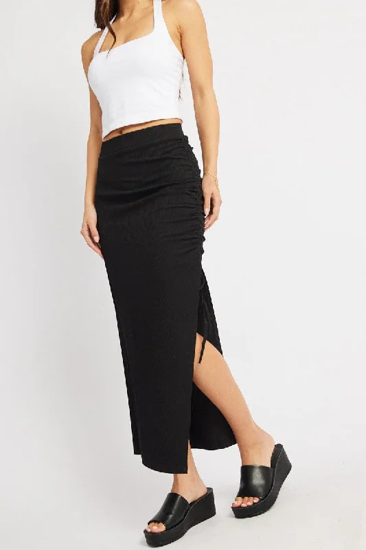 Black Midi Skirt High Rise Side Ruched Elastic Waistband