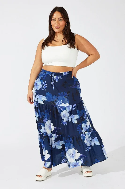 Blue Floral Maxi Skirt Elastic Waist