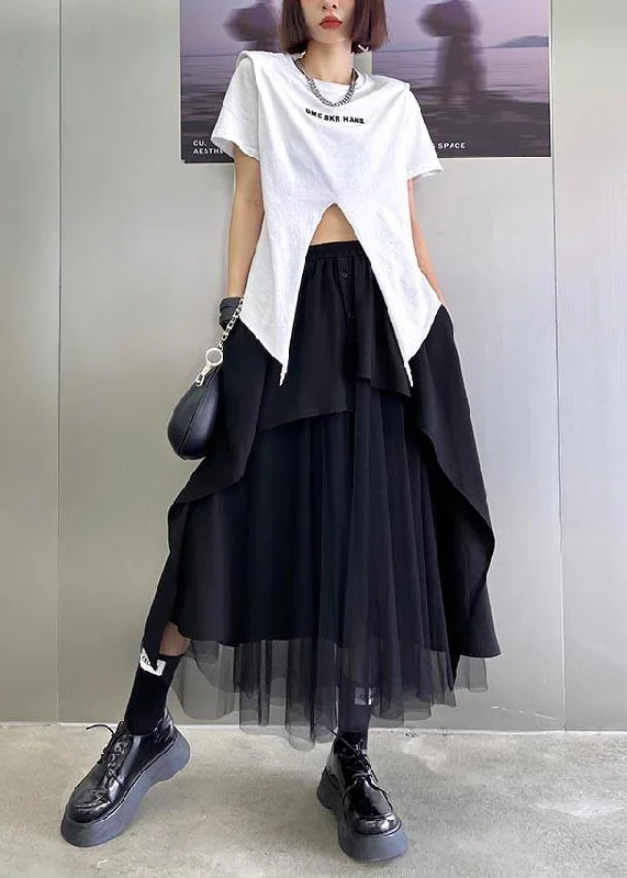 Elegant Black Button Patchwork tulle Skirt Summer