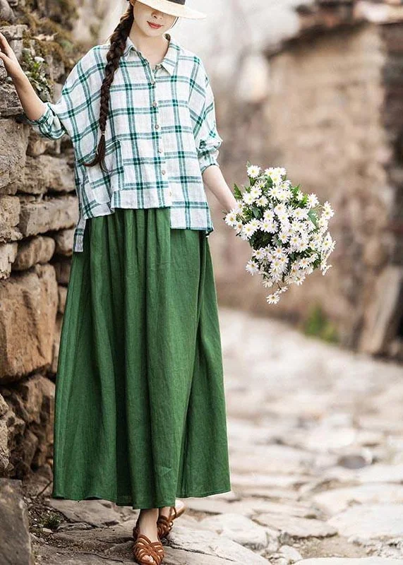 Fashion Green Elastic Waist A Line Skirts Summer Linen