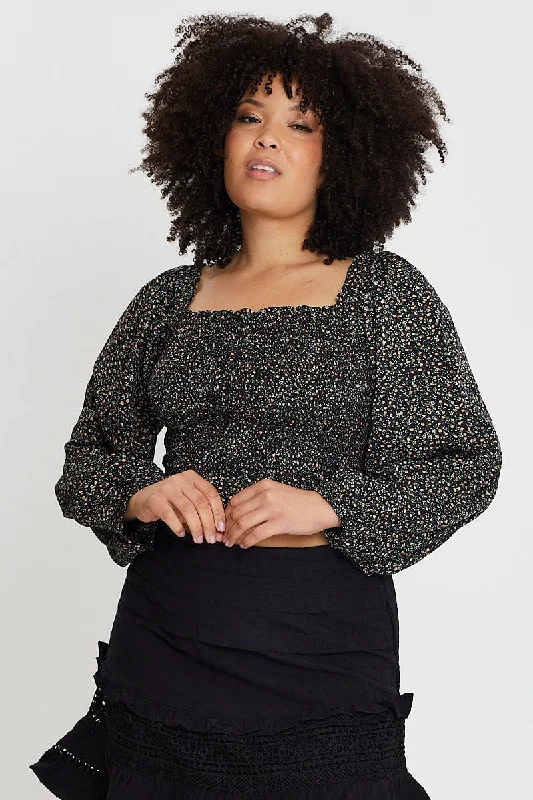 Black Long Sleeve Shirred Floral Print Top