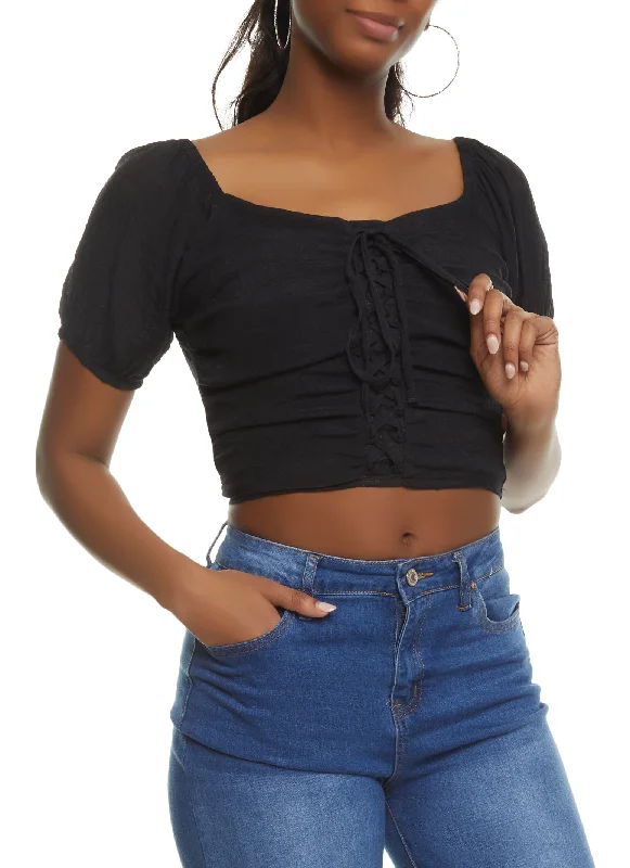 Puff Sleeve Lace Up Crop Top