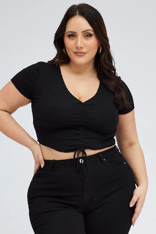 Black Ruched Top Short Sleeve V-neck