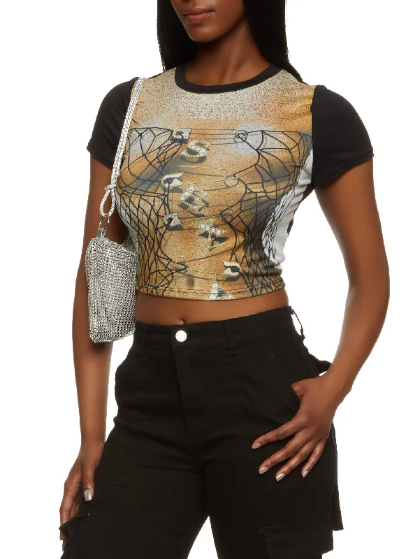 Sexy Safety Pin Fishnet Body Print Crop Top