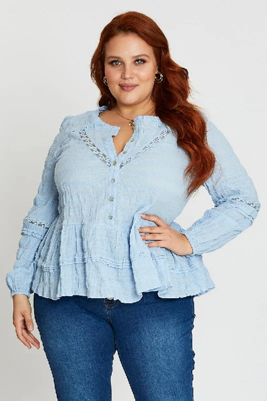 Blue Long Sleeve Lace Trim Button Blue Top