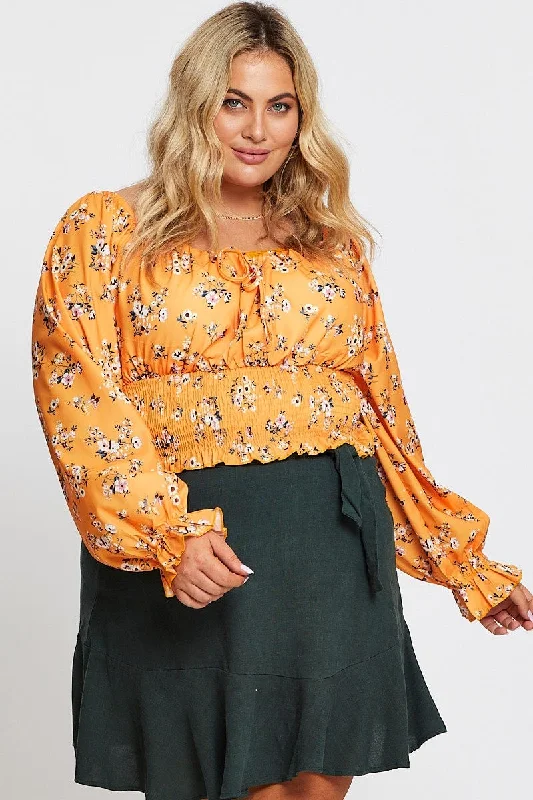 Floral Print Long Sleeve Shirred Detailing Top