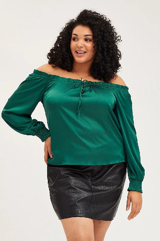 Green Long Sleeve Off The Shoulder Bardot Top