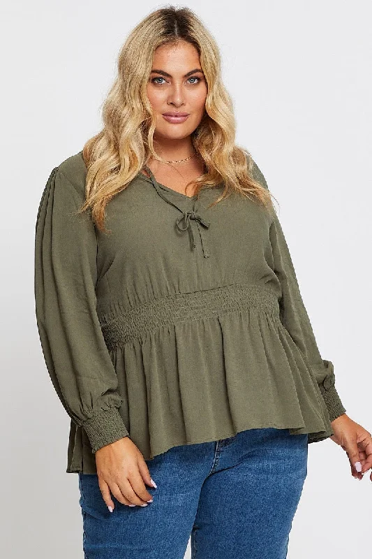 Green Long Sleeve Viscose Crepe Khaki Shirred Top