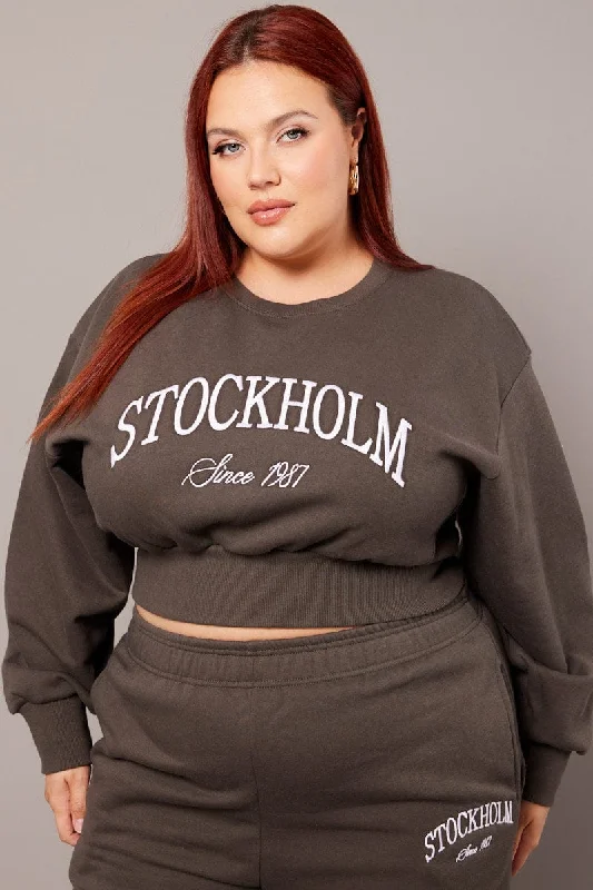 Grey Oversized Sweater Long Sleeve Crew Neck Crop