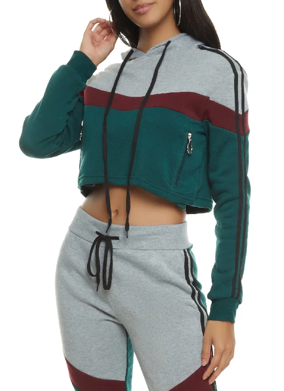 Color Block Varsity Stripe Cropped Hoodie