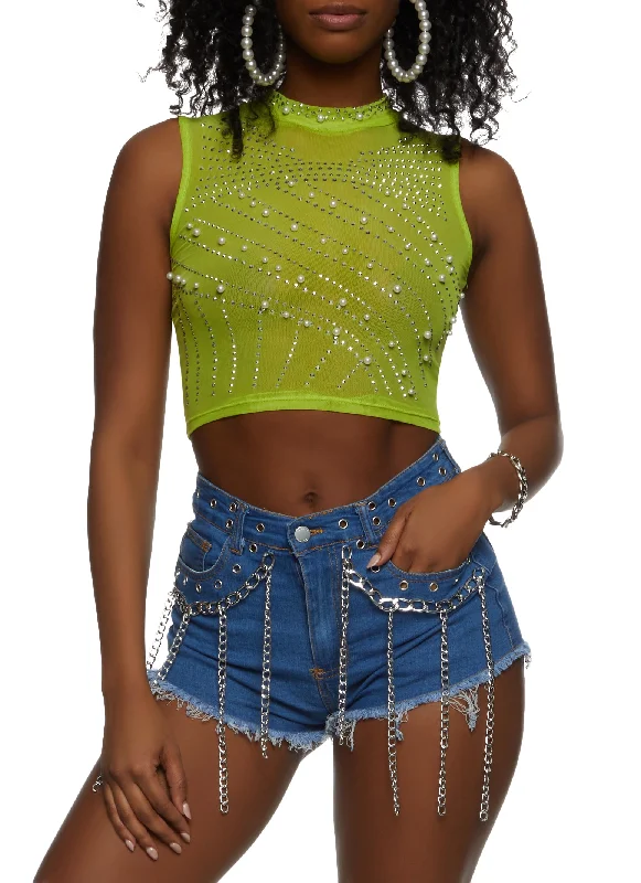 Sheer Mesh Beaded Crop Top