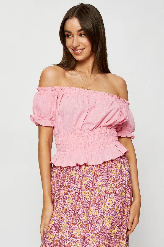 Pink Crop Top Off Shoulder