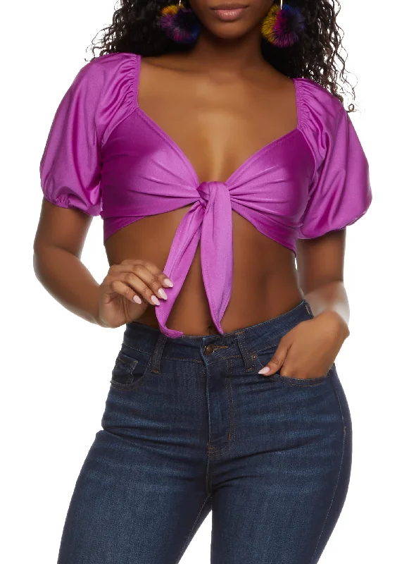 Tie Front Puff Sleeve Crop Top