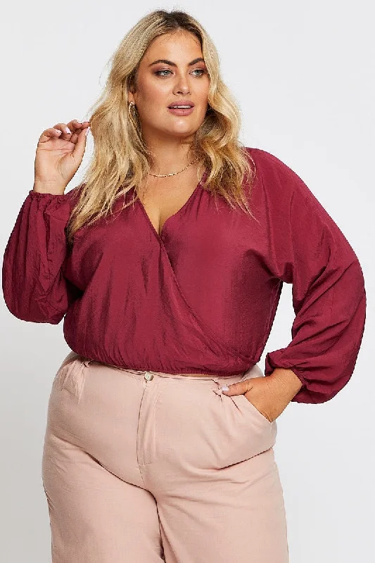 Red Long Sleeve Mock Wrap Top