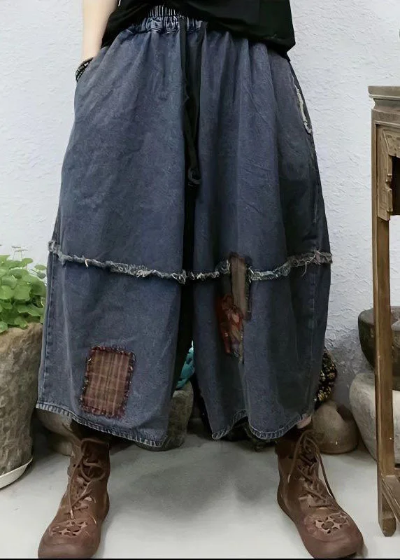 Organic Blue Pockets Patchwork Linen Wide Leg Pants Spring