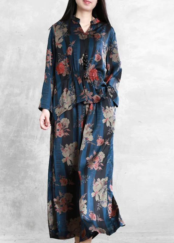 Original Elegant Chiffon Blue Print Set Loose V-Neck Top + Casual Wide Leg Pants