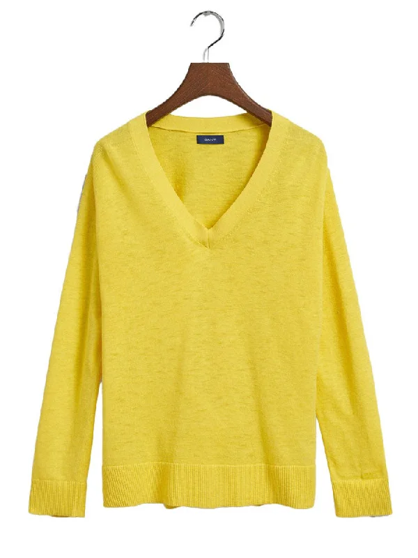 Linen Blend V-Neck Sweater - Canary Yellow