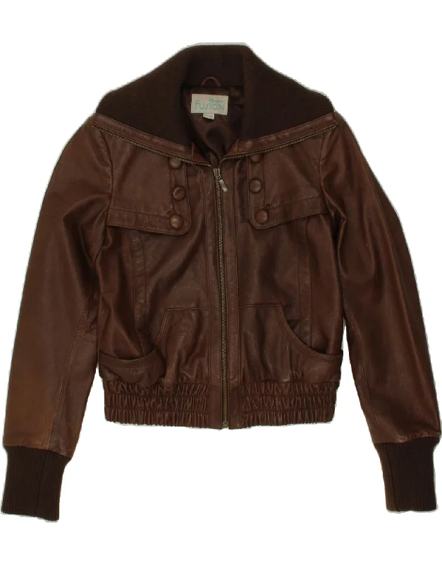 MONSOON Womens Crop Leather Jacket UK 10 Small Brown Leather