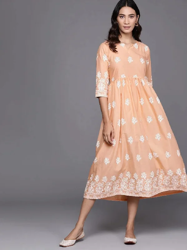 Beige Printed Cotton Dress