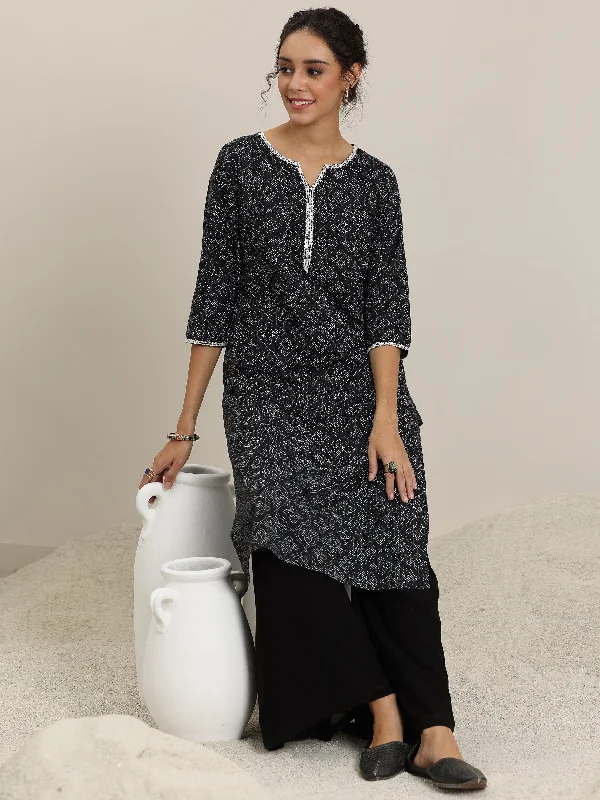 Black Printed Cotton Straight Kurta