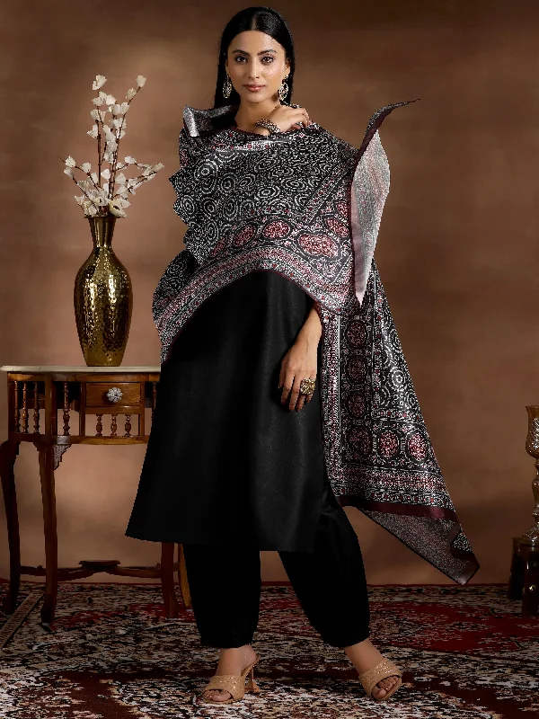 Black Solid Silk Blend Straight Suit With Dupatta