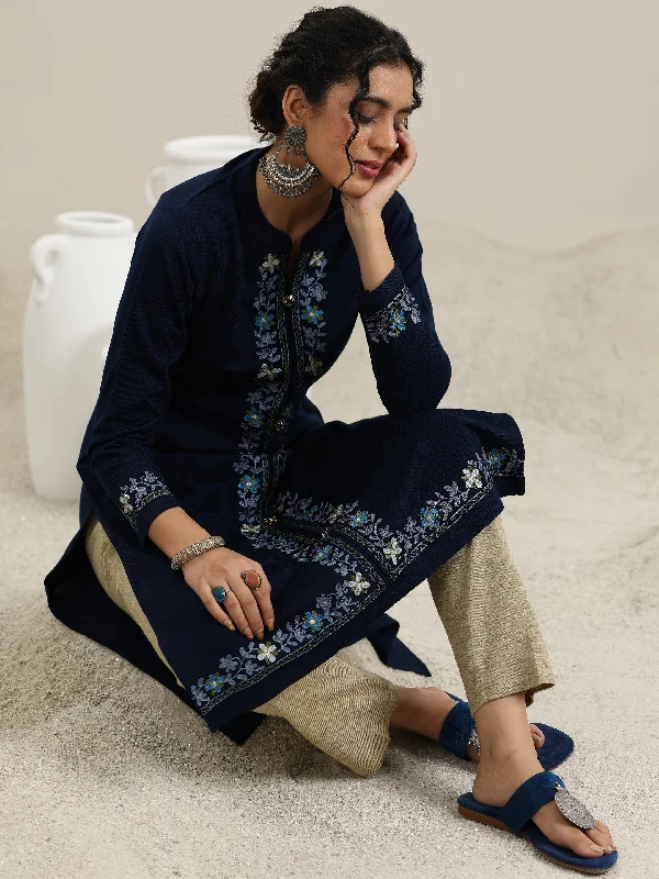 Blue Embroidered Wool Straight Kurta