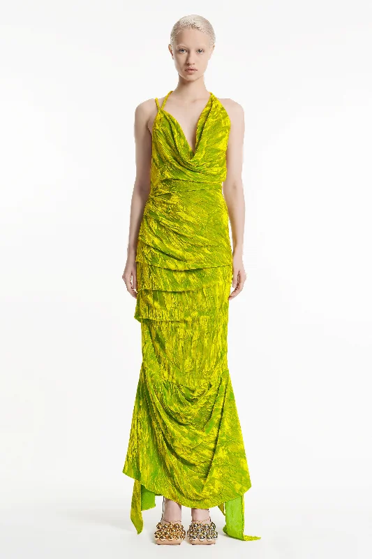 Fitted Asymmetric Draped Dress Citron