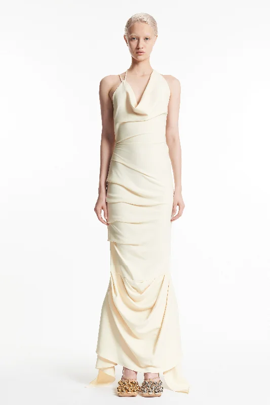 Fitted Asymmetric Draped Dress Ivory