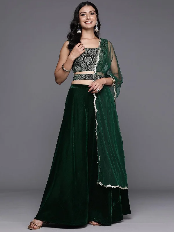 Green Embroidered Velvet Lehenga Set