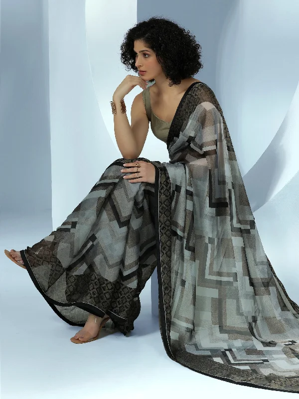 Grey Printed Poly Chiffon Saree With Unstitched Blouse Piece