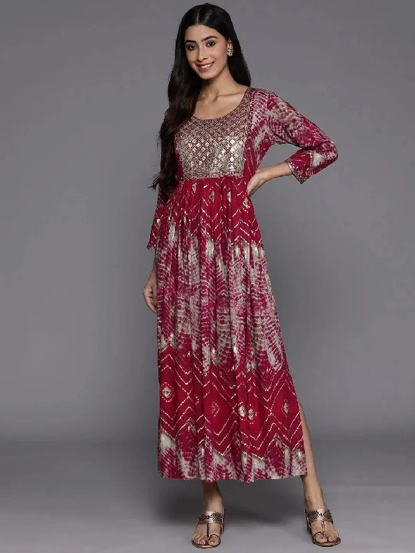 Magenta Printed Fit and Flare Rayon Dress