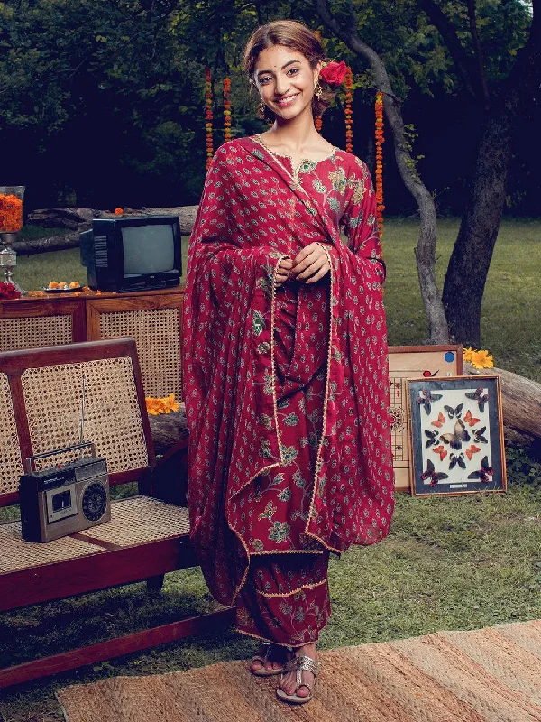 Maroon Printed Silk Blend Straight Kurta With Palazzos & Dupatta