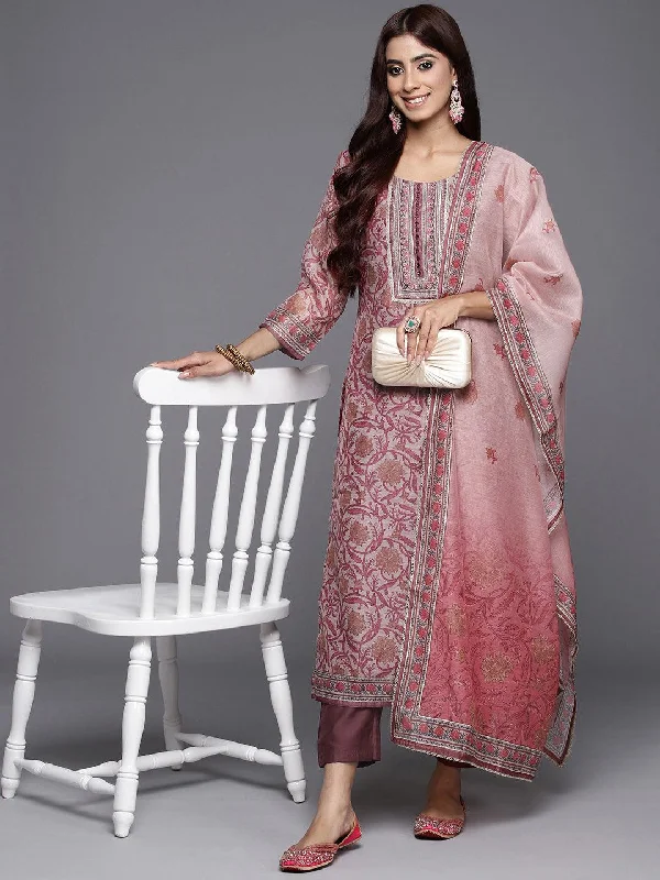 Mauve Yoke Design Silk Blend Straight Kurta With Trousers & Dupatta