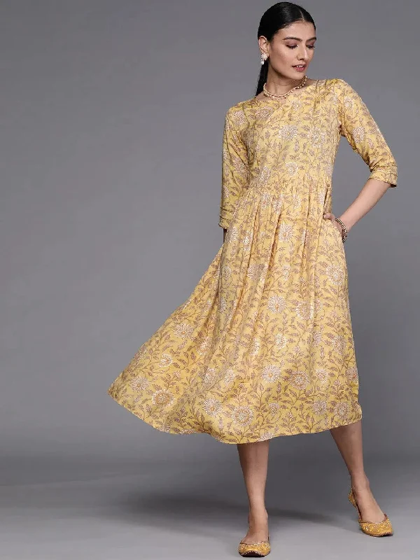 Mustard Printed Silk Dress