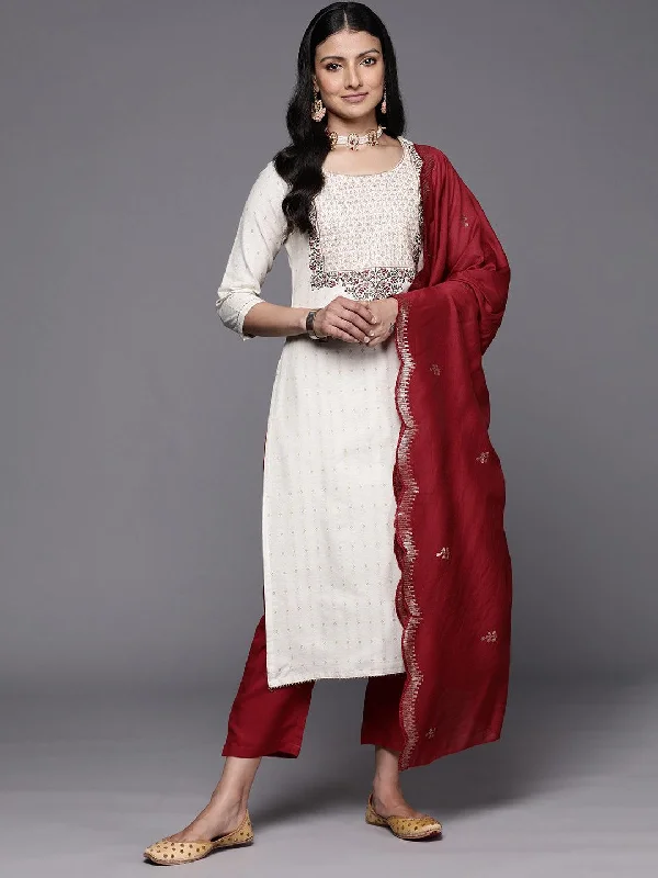 Off-White Yoke Design Cotton Straight Kurta With Trousers & Dupatta