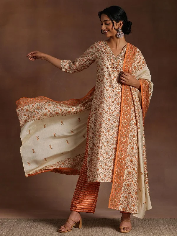 Orange Printed Silk Blend Straight Suit With Dupatta