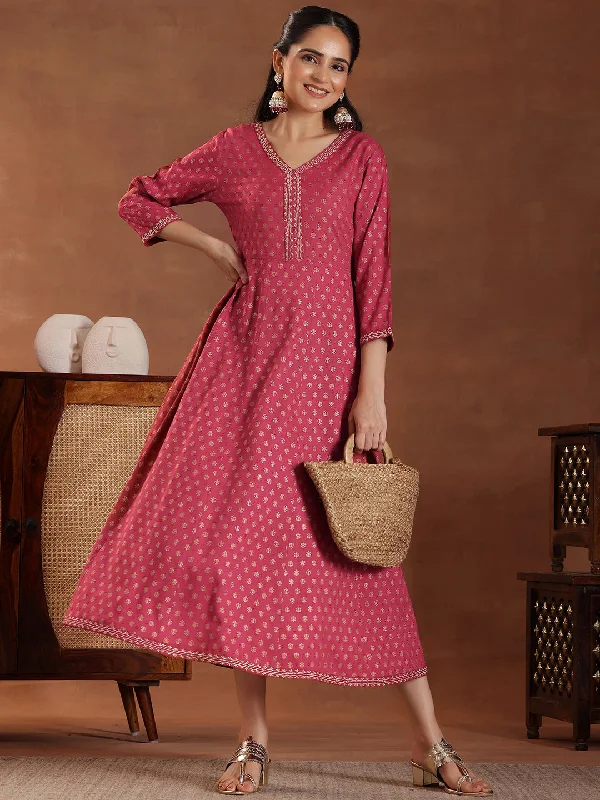 Pink Printed Cotton A-Line Dress