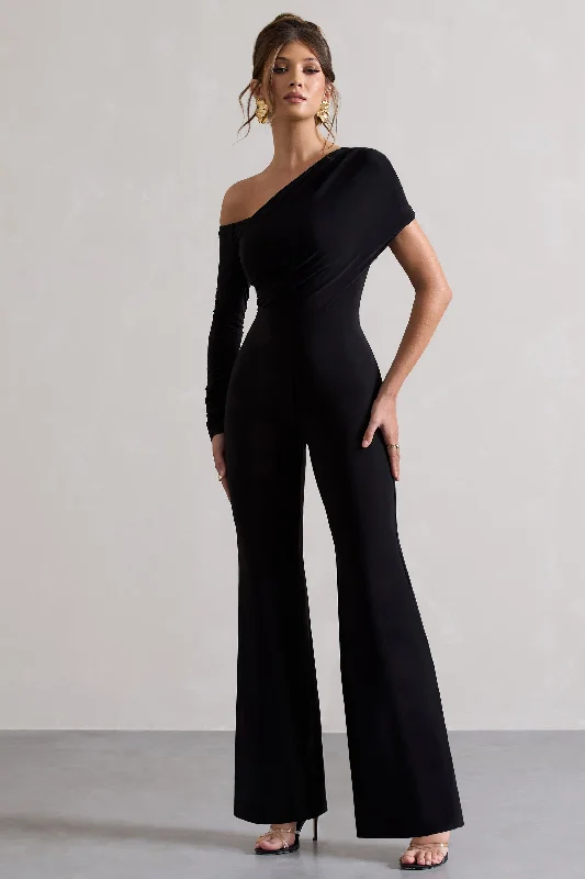 Rotate | Black Ruched Asymmetric Cut-Out Flared-Leg Jumpsuit